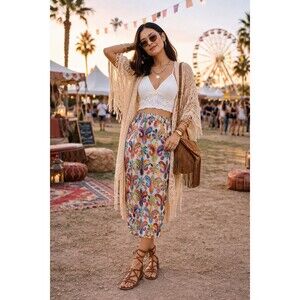 Colorful Paisley Embroidered Midi Skirt Dobby Fabric Boho Festival Cottagecore